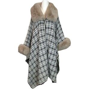 NWOT R Fashion Apparels Plaid Print Faux Fur Cape Rope Trim Party Old Money-L
